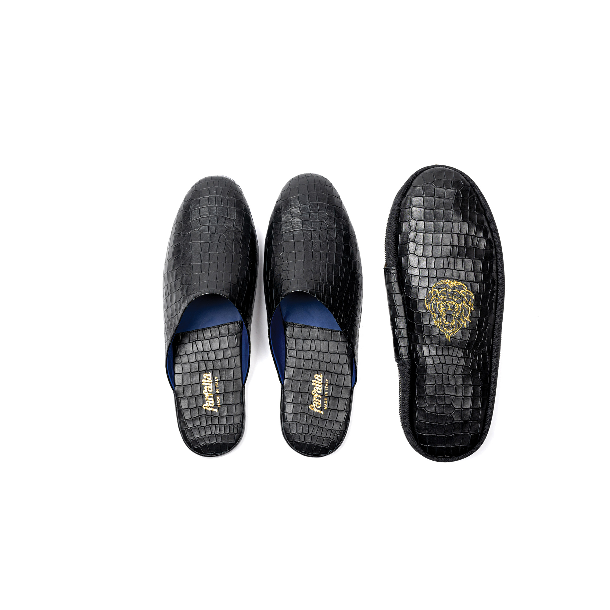 Open luxury slipper in crocodile printed leather - Farfalla italian slippers