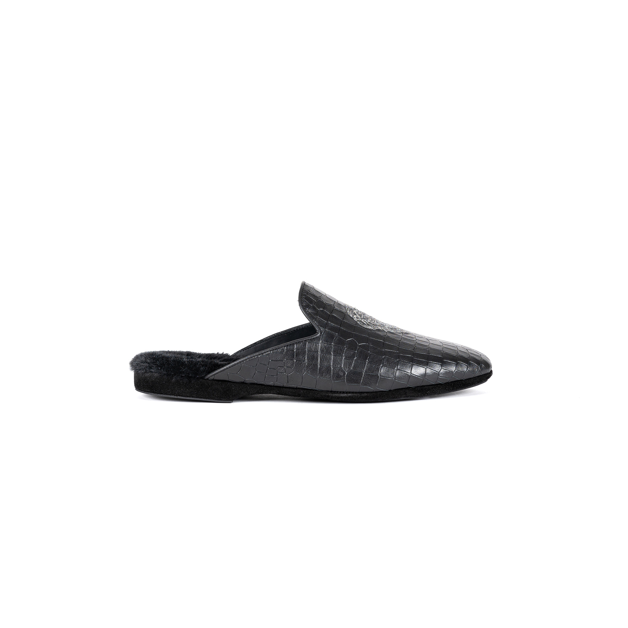 Luxury indoor slipper in black crocodile printed leather - Farfalla italian slippers