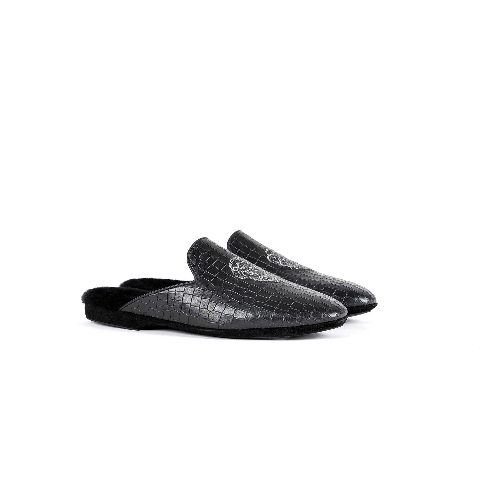 Pantofola interno lusso in pelle stampato cocco nero - Farfalla italian slippers