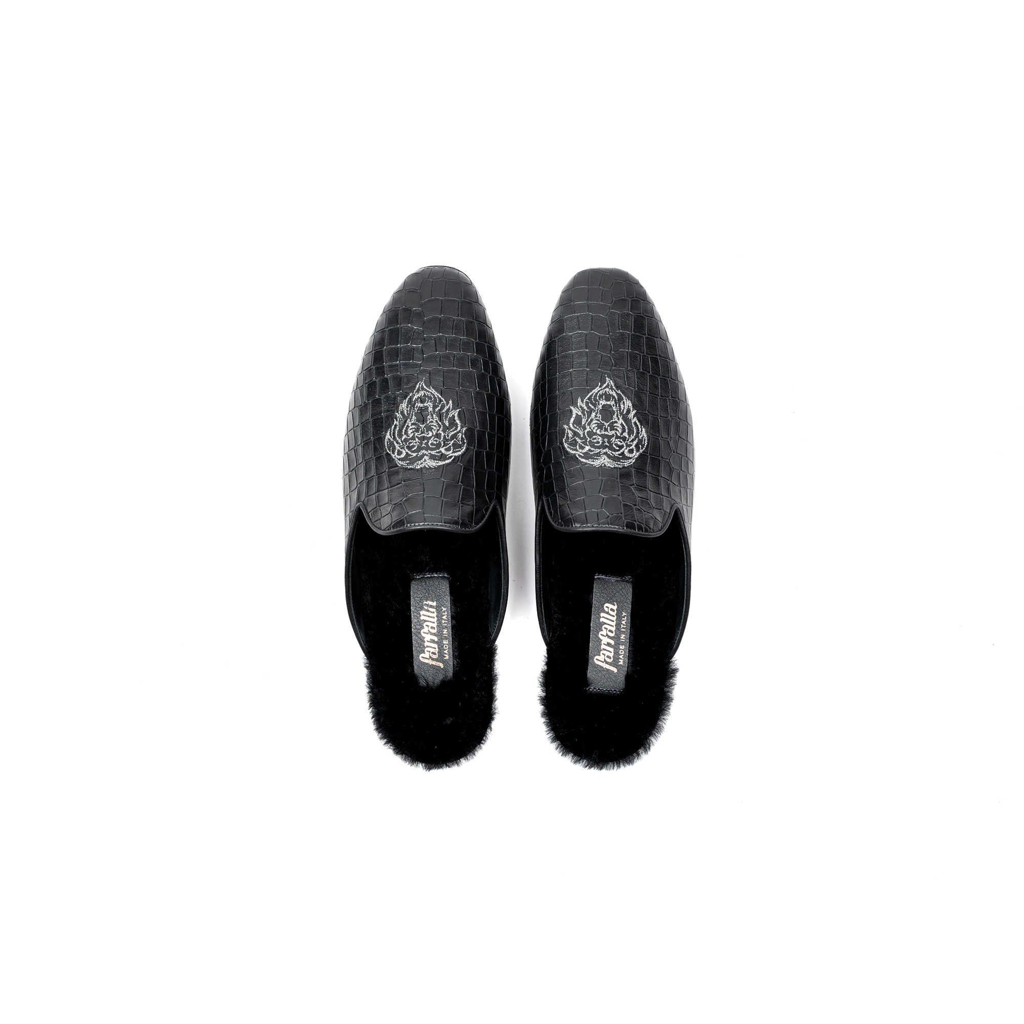 Luxury indoor slipper in black crocodile printed leather - Farfalla italian slippers