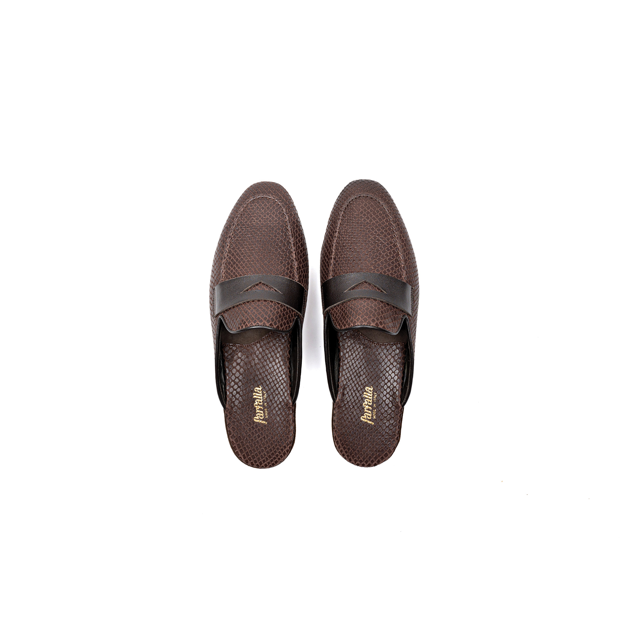 Luxury indoor slipper in coffee exotic printed leather - Farfalla italian slippers