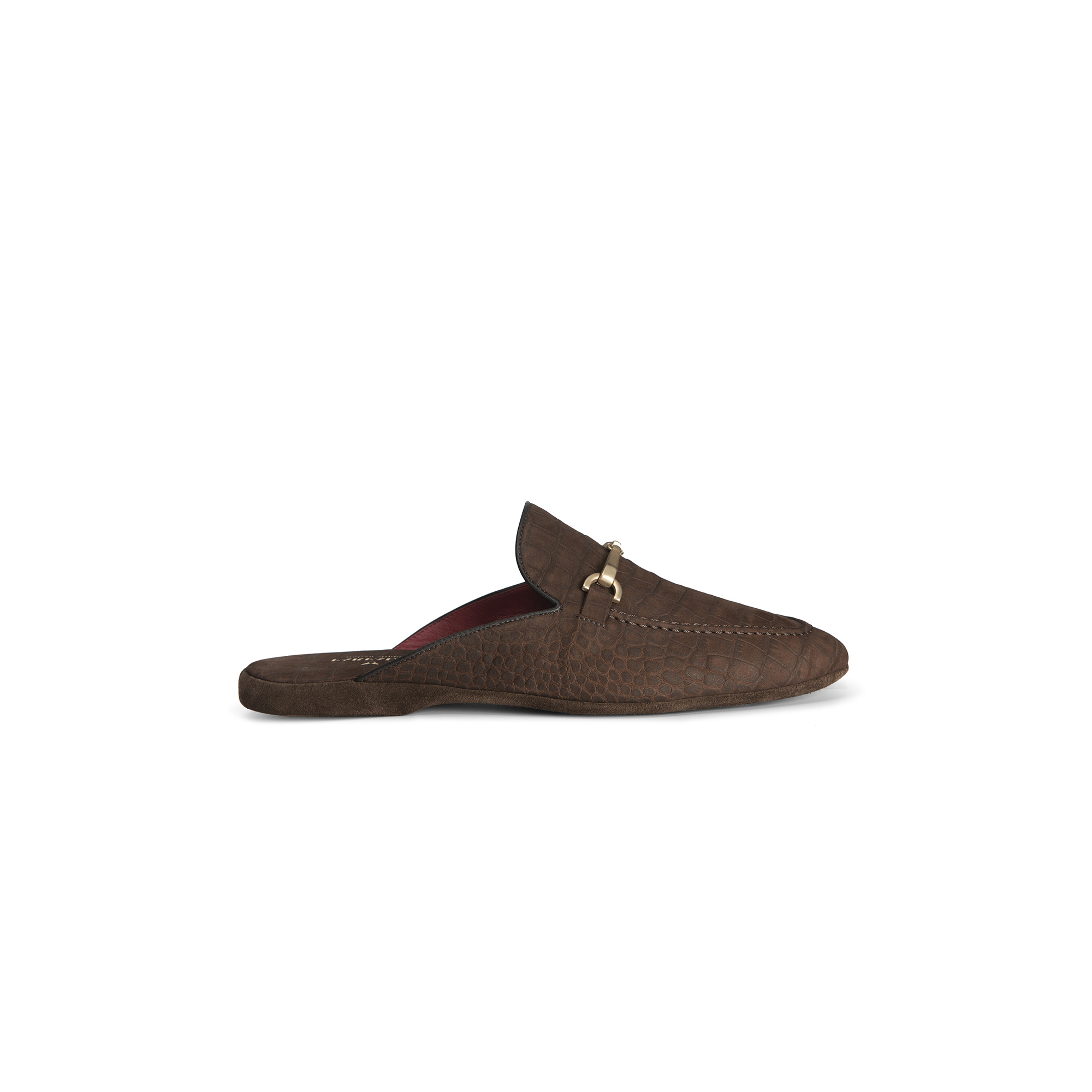 Classic indoor open dark brown crocodile printed leather slipper - Farfalla italian slippers