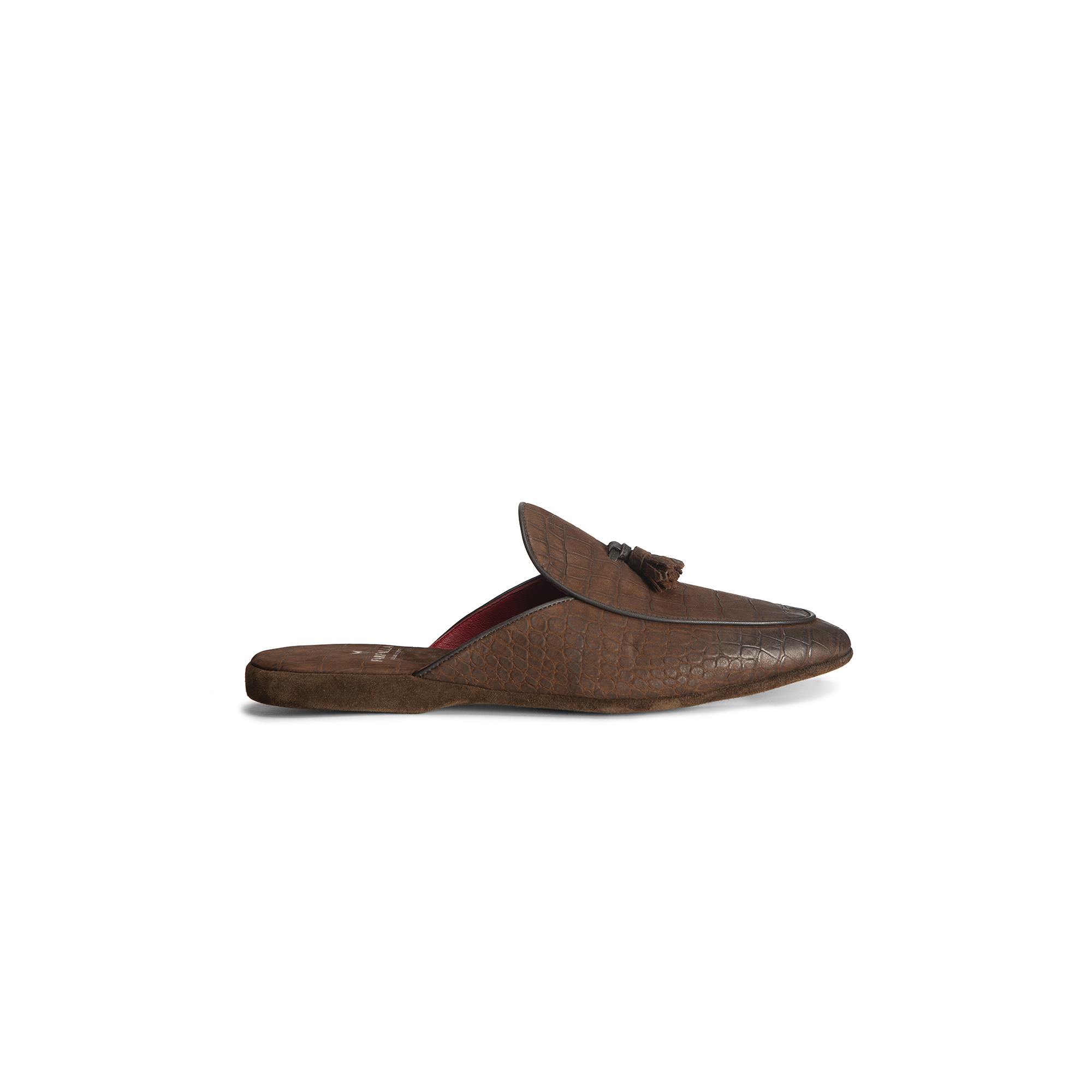 Classic indoor open dark brown crocodile printed leather slipper - Farfalla italian slippers